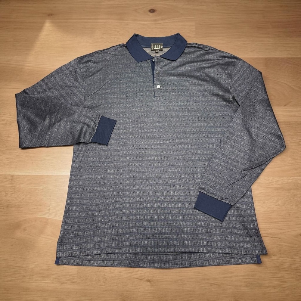 Dunhill Mens XL Long Sleeve Polo Shirt Blue Mercerized Cotton Made in Italy
